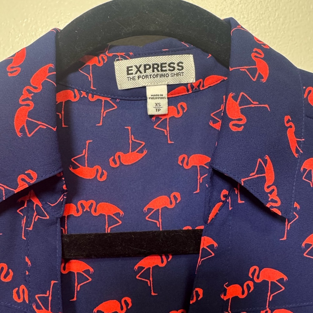 Express Portofino Flamingo Print Blouse XS | Navy Pink Button Front - Picture 5 of 6